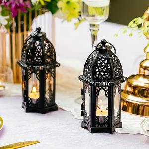 <b>Black</b> Metal Moroccan Candle <b>Lantern</b> Set of Two with Intricate Cutwork Warm Ambient Glow Elegant Tabletop Decor - Product Image 2