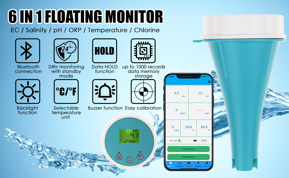Intelligent Pool Monitor, 6-in-1, Bluetooth Pool Water Meter for