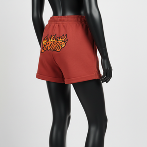 Shorts en molleton de coton de haute qualité pour femmes, couleur rouge, tissu doux brossé, logo brodé en chenille. - Product Image 4