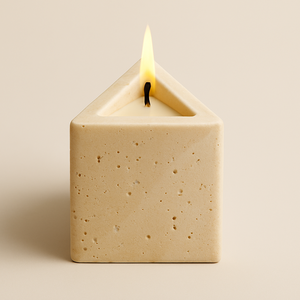 Portavelas Triangular de mármol travertino hecho a mano, decoración del hogar, piedra Beige Natural, regalo de aromaterapia, acento minimalista de lujo - Product Image 1