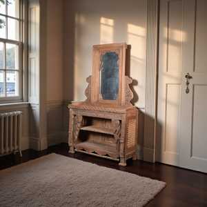 Mesa de tocador rústica de madera tallada a mano con espejo de pie, estilo de diseño - Product Image 2