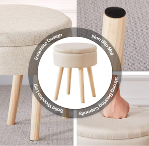 Taburete de tocador redondo de lino otomano de almacenamiento, taburete de pie moderno superior con patas de madera, descanso otomano de pie tapizado multifuncional - Product Image 4