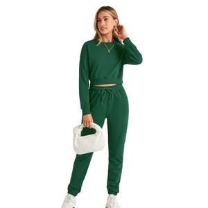 Conjunto Deportivo Informal Personalizado OEM de Dos Piezas para Mujer, Talla Grande, Top Corto y Pantalón Largo, con Pedrería, 100% Algodón, para Yoga - Product Image 3