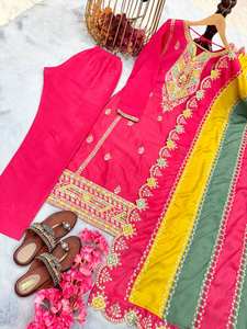 Conjunto de ropa de fiesta de diseñador Heavy Pur Chinon Silk Top Plazzo & Multi Color Dupatta - Product Image 3