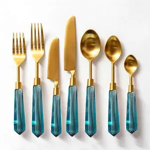 Wholesale Stainless Steel Cutlery Manufacturer in India Metal Gold Plated Flatware Set Green Resin Handle for Hotel Party Use