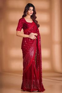 Superbo sari rosso di seta Georgette raffinato morbido con filo Lucknowi Chikankari da lavoro sari da sposa per Teej Festival <span class=keywords><strong>Saree</strong></span>