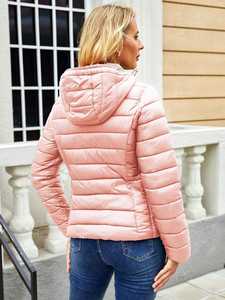 Veste d'hiver courte rembourrée rose pour femmes, veste bomber chaude à capuche, vêtement d'extérieur léger, doudoune zippée, style confortable pour le quotidien par temps froid - Product Image 5
