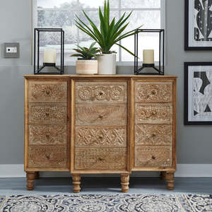 Commode 12 tiroirs en bois massif sculptée à la main Vintage motif tribal façades rustique ferme chambre meubles de maison salon entrée - Product Image 1