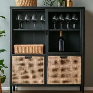 Modern Black Display Cabinet with Glass Doors and Rattan Panels, Storage Bar Cabinet <b>for</b> Dining Room Living Room - Product Image 3