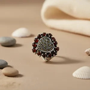 Bague pour femme en argent 925 avec grenat et marcassite, plaquée rhodium et or 14 carats, sertie de pierres taillées, cadeau de mariage, bijoux - Product Image 2