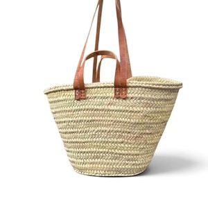 Sac fourre-tout en paille marocaine tissé à la main avec poignées en cuir, couleur unie, style vintage, fermeture éclair et doublure en coton, pour voyage et plage - Product Image 1