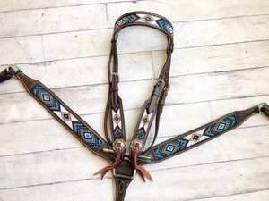 Conjunto de tachuelas de cuero oscuro con cuentas azules, doradas y blancas, cuello de pecho de cabeza, cuero genuino, tachuela de caballo de temporada ligera con cuentas - Product Image 2