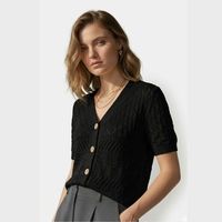 Cárdigan de Algodón Orgánico con Cuello en V para Mujer - Cárdigan de Punto Calado de Manga Corta - Blusa Sostenible con Botones
