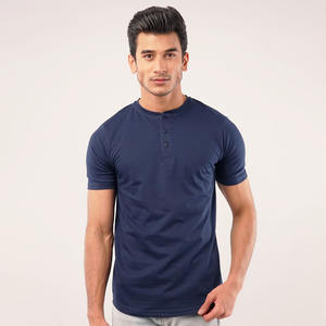 ผู้ชายฤดูร้อนเสื้อยืดแขนสั้นโค้ง Hem รูปแบบ Henley ผ้าฝ้าย 100% Henley พร้อมปุ่มสองเสื้อ T - Product Image 1