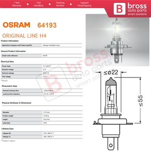 BHL598 1 pièce ORIGINAL 64193 12V 60/55W H4 P43t Ampoule halogène pour phare, feux de croisement, feux de route, antibrouillard - Product Image 5