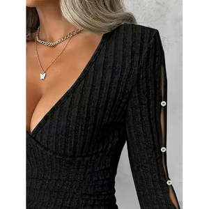 Blusa de punto cepillado con adornos de perlas y escote cruzado de manga larga para mujer, 28223 - Product Image 3