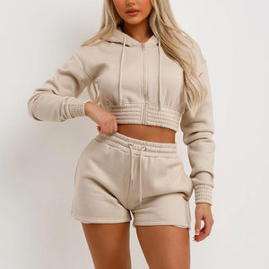 2024 vente chaude femmes classique fermeture éclair à capuche Shorts ensemble coton polaire survêtement pour femmes surdimensionné fermeture éclair capuche vêtements de sport - Product Image 4