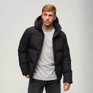 Jaket Puffer pria, jaket Luaran Logo kustom hangat hitam musim dingin luar ruangan untuk lelaki
