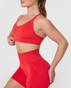 New Custom Muscle Mommy <b>Red</b> Unified Twist Waist Shorts & Everyday Round Neck <b>Sports</b> <b>Bra</b> Women Workout Gym 2 Piece Set For Women - Product Image 3