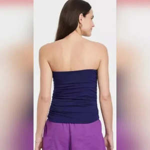 Nuovo Top a Tubino da Donna New Day, Vestibilità Slim, Arricciato, Blu Navy, Taglia Unica, in Tessuto Traspirante Lavorato a Maglia, con Scollo Quadrato, Canotta Corta con Dettaglio Frontale - Product Image 2