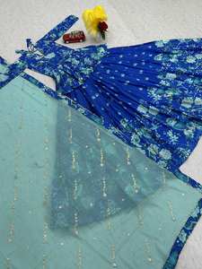 Shiv Fashion Lehenga Choli en Chinon bleu à motifs floraux, style élégant, tenue de fête traditionnelle indienne et pakistanaise, avec Dupatta menthe à séchage rapide - Product Image 3
