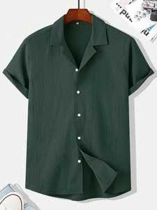 Chemise unie en tissu à manches courtes et col de camp ornée de vêtements d'été pour hommes non extensibles - Product Image 5