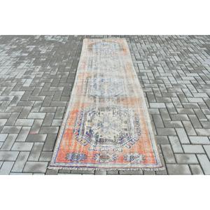 Tapis turc vintage 3,2 x 10,1 pieds, tapis de couloir, tapis persan en laine orange et bleu - Product Image 1