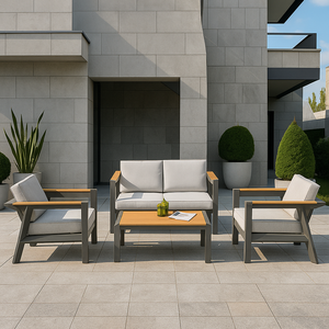 Ensemble <span class=keywords><strong>de</strong></span> meubles <span class=keywords><strong>de</strong></span> patio extérieur en métal moderne, ensemble <span class=keywords><strong>de</strong></span> canapé <span class=keywords><strong>de</strong></span> <span class=keywords><strong>jardin</strong></span> 4 pièces, accoudoirs aspect <span class=keywords><strong>bois</strong></span>, table basse, écologique, antirouille - Product Image 6