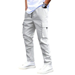 Custom Mens Light Gray Cargo Jogger Pants Elastic Waist Drawstring Multi Pocket Casual Utility Straight Leg Work Trousers - Product Image 1