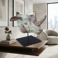Sculpture de tête de rhinocéros en bois artisanal, sculptée en teck rustique, avec base en métal, pour décoration de table.