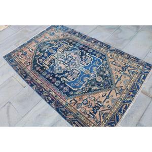 Alfombra Turca, Alfombra Vintage Decorativa de 3.6x6 pies, Alfombra Floral Azul Marrón - Product Image 2