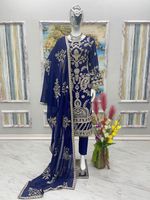 Ensemble haut et pantalon pour femme en faux georgette lourd et élégant avec broderie et bordure de perles, et dupatta assorti - Tenue de soirée/mariage de haute qualité