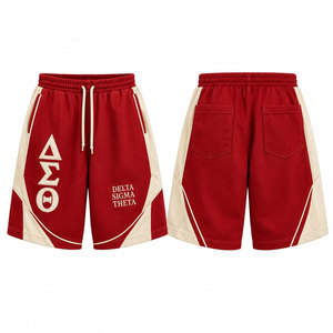 Shorts Bermuda en coton rouge Delta Sigma Theta avec bordure crème, logo sur le devant, taille à cordon de serrage, style décontracté - Product Image 1