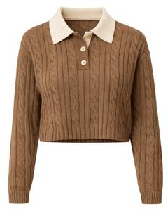 Women Brown <b>Cable</b> <b>Knit</b> Crop <b>Sweater</b> Polo Collar Button Front Soft Winter Casual Fashion Pullover Top For Ladies Streetwear Style - Product Image 1