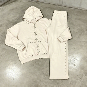 <b>Clothing</b> Manufacturers Custom French Terry Cotton Oversized <b>Rivet</b> Zipper Sweat Suit Tracksuit Hoodies and Sweat Pants Set Men - Product Image 1