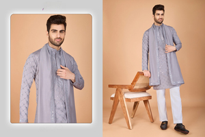 Collection Homme Nouvelle Kurta en Soie Festival Exclusive avec Dupatta Brodé pour la Saison de Mariage Tenue de Fête Formelle - Product Image 6