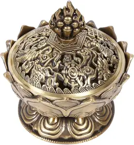 Ashtray Hanging Backflow Incense Burner 2 Colors Metal Charcoal Incense Burner with Lid Flower Backflow Aroma Burner (Bronze)