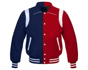 Jaqueta Bomber Letterman de beisebol masculina de lã azul e vermelha e couro genuíno dos EUA