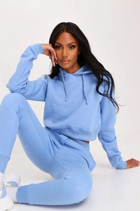 Ensemble de survêtement décontracté pour femme 100 % coton, coupe classique, bleu, haute qualité, automne, avec capuche, respirant, haut court et pantalon de jogging brodé - Product Image 5