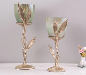 Luxury Golden Leaf Style <b>Candle</b> Stand With Glass Adds Warm Inviting Elegant And Stylish Ambiance To Any Room - Product Image 1