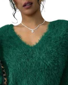 Robe pull en tricot moelleux vert émeraude personnalisée pour femmes, col en V, manches longues, douce, en peluche, chaude pour l'hiver, mode, OEM, vente en gros personnalisée - Product Image 5