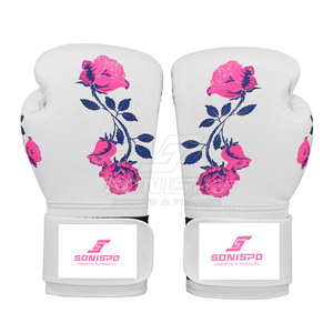 ถุงมือชกมวย SONISPO สีขาวพิมพ์ลายกุหลาบสีชมพู วัสดุ PU ปิดด้วยเวลโคร ถุงมือฝึกซ้อมสำหรับผู้ใหญ่ ทุกเพศ - Product Image 1