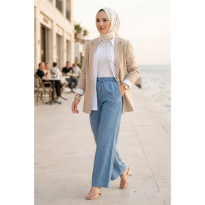 Pantalon en denim Tencel bleu clair avec taille haute élastique et jambe large, style décontracté en toile respirante avec poches - Product Image 1