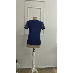 Women'<b>s</b> Short-Sleeved V-Neck Lace Viscose <b>Blouse</b>, 35394 - Navy blue - Product Image 6
