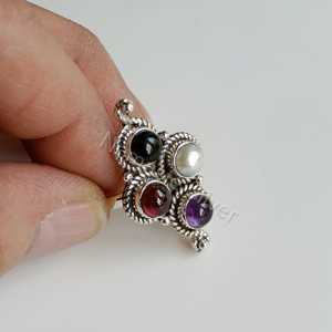 Women's Handmade <b>Statement</b> <b>Ring</b> in Sterling Silver with Garnet Amethyst Pearl Black Onyx Multi-Gemstones for Party - Product Image 4