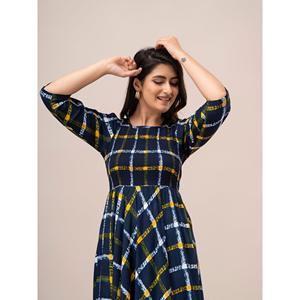 Robe longue évasée smockée à imprimé à carreaux jaunes, taille élastique, respirante, avec fermeture éclair et décoration drapée, pour femme de bureau, OEM/ODM - Product Image 4