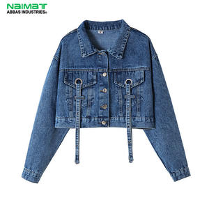 Chaqueta Corta de Mezclilla para Mujer, Chaqueta de Mezclilla Azul con Detalle de Correa de Anillo, Ropa de Abrigo Corta, Moda Urbana, Chaqueta de Manga Larga para Mujer - Product Image 1