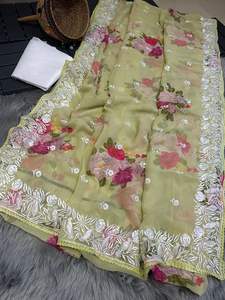 Saree en soie pure avec impression florale numérique ayant un beau travail de broderie de travail de chikankari de l'appelant de fil blanc - Product Image 3