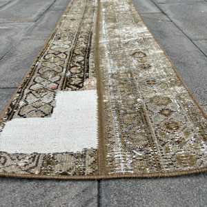Turkish Vintage Rug, 1.2x6.3 ft Rug, <b>Brown</b> Floral <b>Wool</b> Rug - Product Image 5
