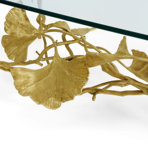 Table basse de luxe avec dessus en verre et base en métal avec feuille de ginkgo dorée Centre de table de salon artistique - Product Image 4